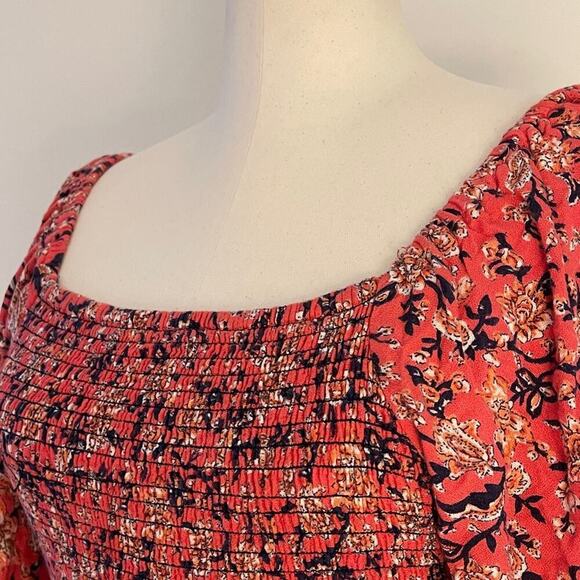 Angie Women’s Boho Floral Smocked Peasant Top Poet Blouse Flared Sleeve | Size M - Picture 2 of 7